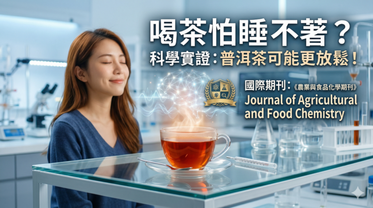年輕女性在夜晚放鬆喝茶，背景結合大腦神經放鬆的科學示意圖，象徵普洱茶放鬆與改善睡眠機制的科學實測。