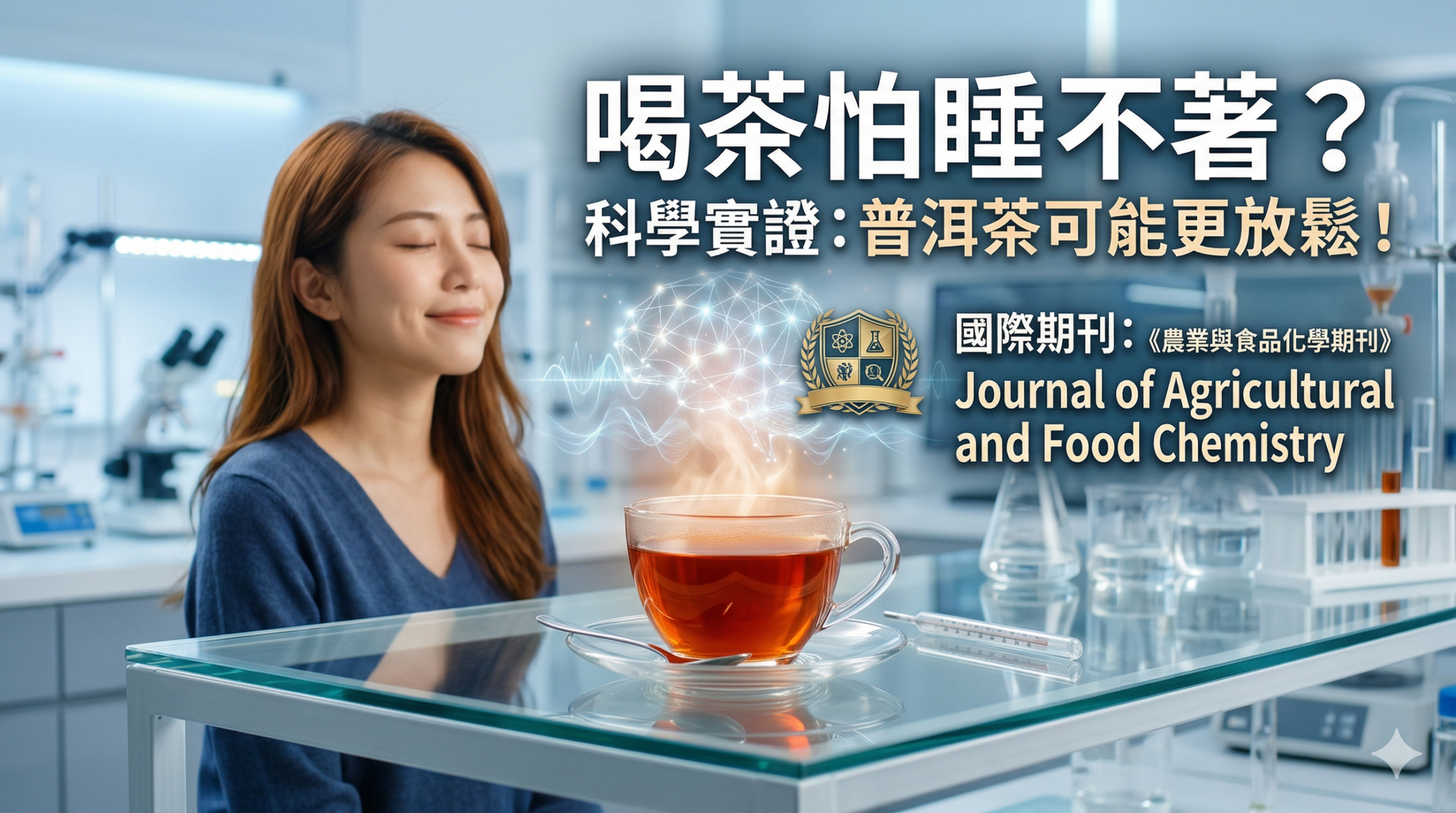 年輕女性在夜晚放鬆喝茶,背景結合大腦神經放鬆的科學示意圖,象徵普洱茶放鬆與改善睡眠機制的科學實測。