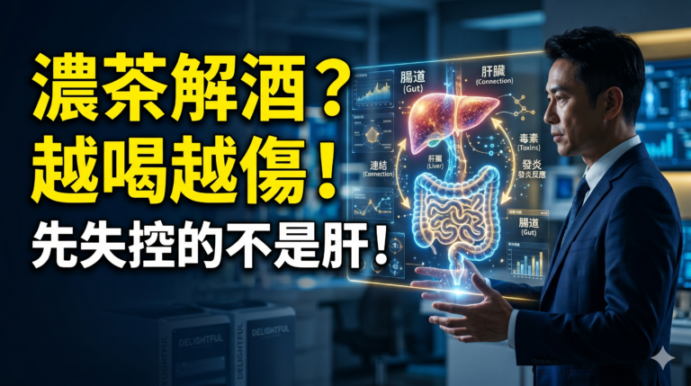 喝濃茶解酒迷思破解與普洱茶腸肝軸護肝科學機制示意圖