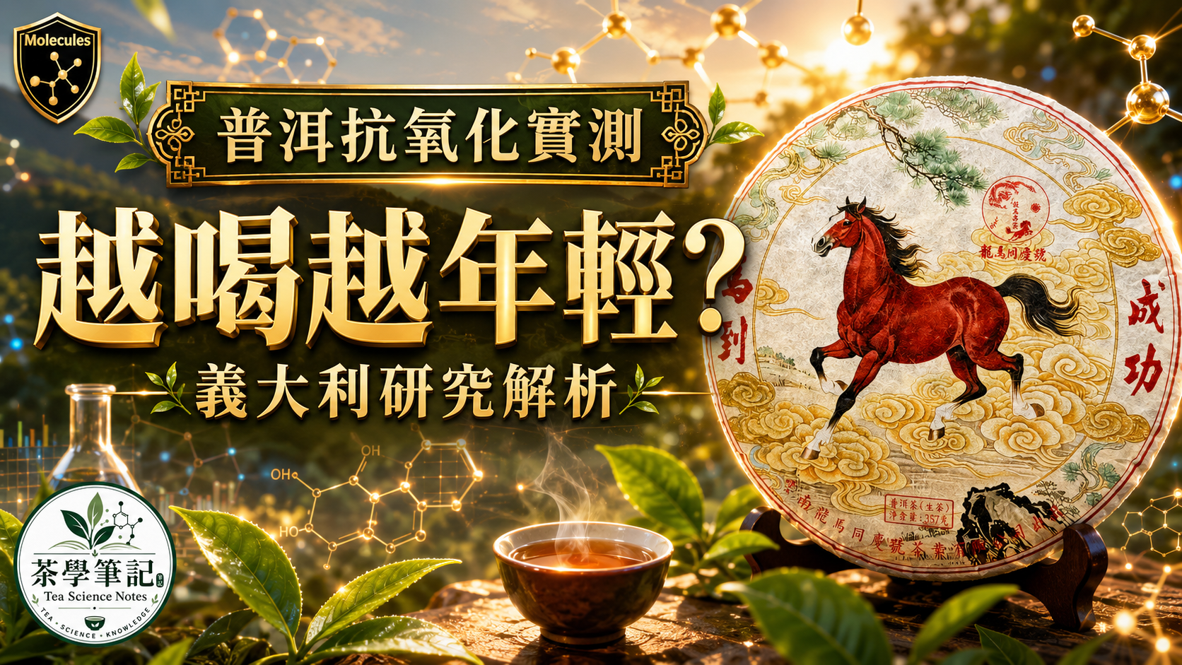 普洱茶抗氧化研究解析,畫面呈現生普茶餅、茶湯與科學實驗元素,說明生普與熟普抗氧化差異。