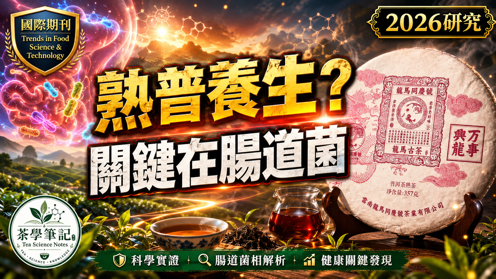 普洱熟茶、茶褐素與腸道菌示意圖,說明 2026 年國際期刊研究指出熟普養生關鍵可能在腸道菌。